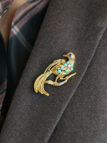 Broche Broche oiseau vintage or jaune saphir turquoise diamant 58 Facettes 1090.5