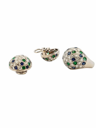 Bague 50 Bague et boucles d’oreilles en platine , diamants , saphirs , émeraudes 58 Facettes