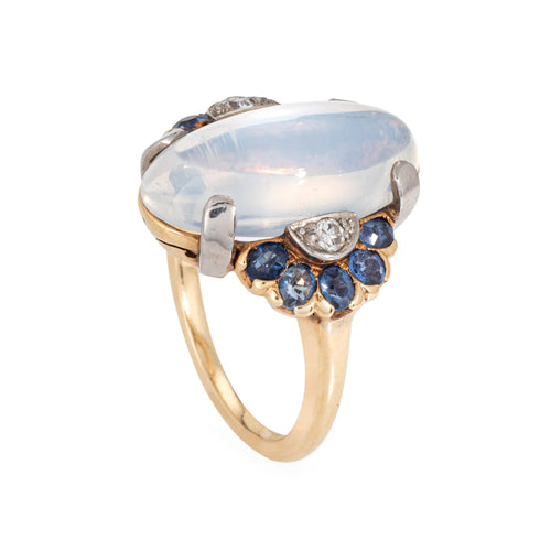 Bague Bague rétro vintage en or 14 carats palladium, pierre de lune, saphir et diamant, taille 6,25, années 1940 58 Facettes G14211