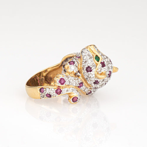 Bague Bague léopard vintage en or jaune 18 carats, taille 7, sertie de diamants, rubis et émeraudes aux yeux d'animaux. 58 Facettes G14000