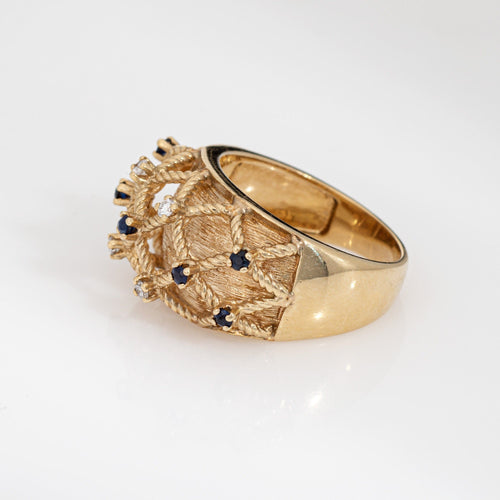Bague Bague vintage en or 14 carats, sertie de saphirs et de diamants, motif panier tressé, taille 7. Bijou à anneau bombé. 58 Facettes G13928