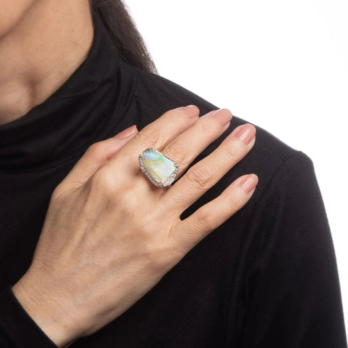 Bague 10.64ct Natural Opal Diamond Ring Estate 18k White Gold Sz 7 Fine Jewelry 58 Facettes G11987