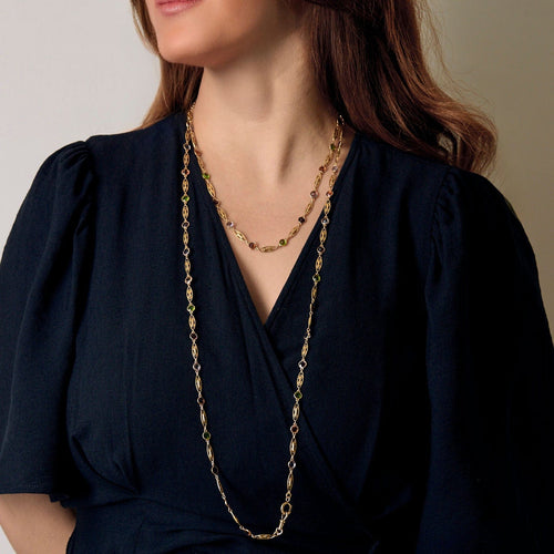 Collier Chaîne giletière en or jaune, péridot, citrine, grenat, améthyste 58 Facettes ROD3925