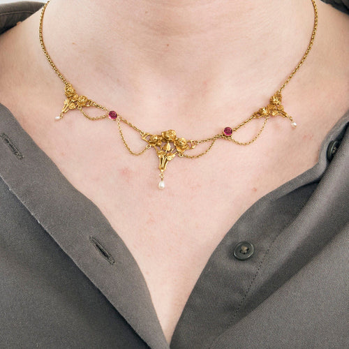 Collier Collier collerette or jaune, perles et rubis de synthèse 58 Facettes ROD3377