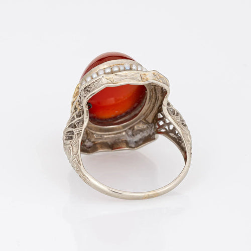 Bague 52.5 vintage Art Déco Cornaline Bague Filigrane Coeur Émail Graine Perle 58 Facettes G12334