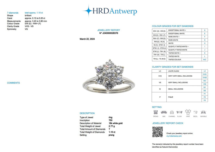 Bague 49 Bague marguerite en or blanc certifiée HRD avec diamants naturels de 1,10 carat 58 Facettes