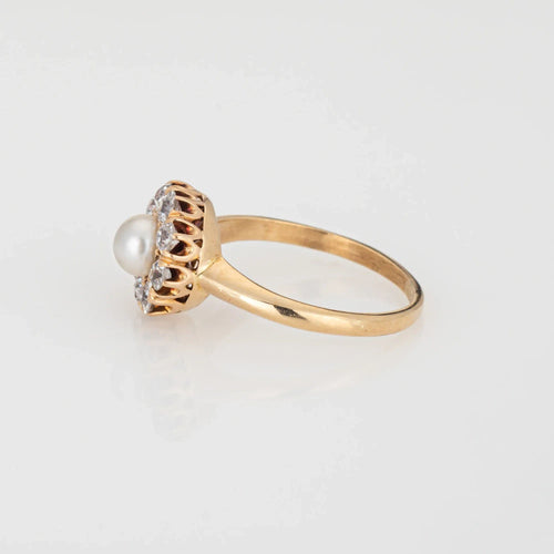 Antique Victorian Ring Pearl Mine Cut Diamond Cluster 14k Yellow Gold Halo 58 Facettes G13660