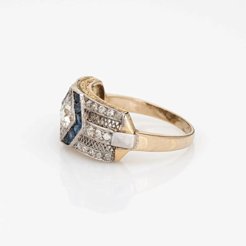 Bague 52 Bague Art déco vintage en or 18 carats avec diamants et saphirs, bande en platine, bijoux de succession 58 Facettes G11390