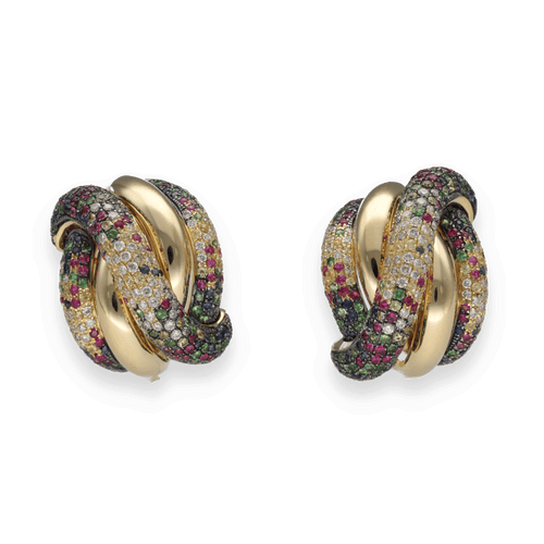 Boucles d'oreilles Boucles d'Oreilles Or Jaune 18k – Rubis, Saphirs, Émeraudes et Diamants – Années 1990 58 Facettes FB10814