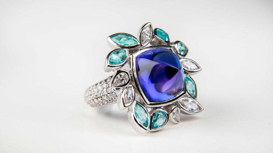 Bague 54 Bague Précieuse or blanc, tanzanite, tourmalines paraiba 58 Facettes Tanz 1
