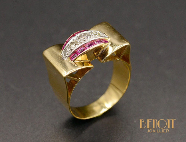 Bague 53 Bague Tank Or Jaune Diamants Rubis Verneuil 58 Facettes A10848