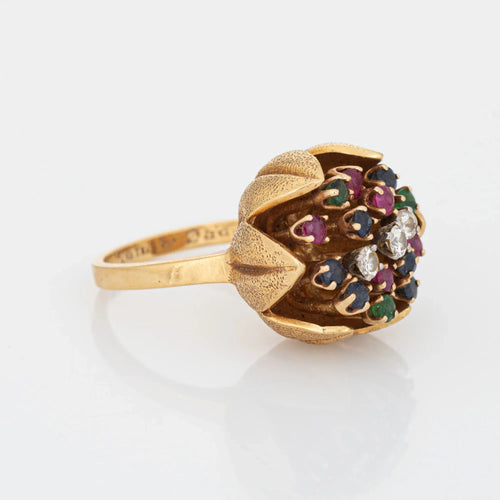 Bague 50 Bague tulipe en diamant et pierres précieuses des années 60, or jaune vintage 58 Facettes G12692
