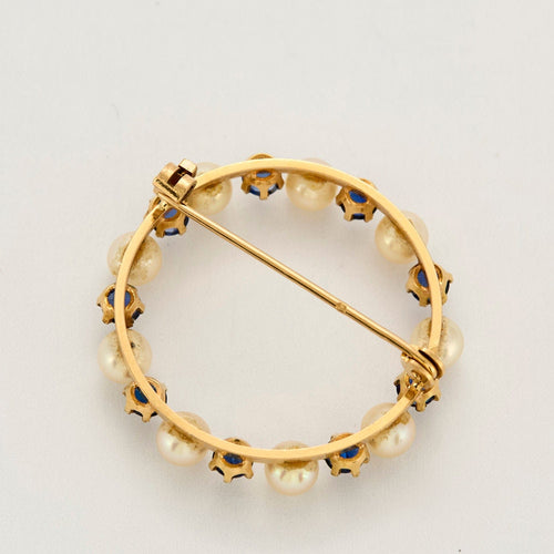 Broche Broche couronne or jaune, perles et saphirs 58 Facettes CHAL01993