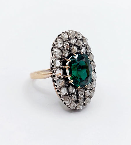 Bague 54 Bague marquise antique en or rose 18k et argent, doublet grenat vert et diamants 58 Facettes A06674