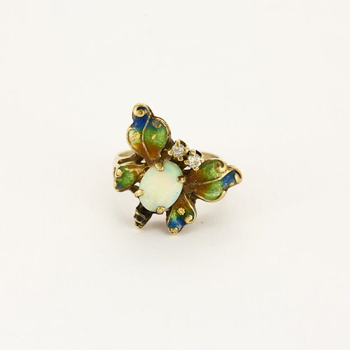 Bague 46,5 Bague or jaune à décor de papillon, opale, émail et diamants 58 Facettes B250439