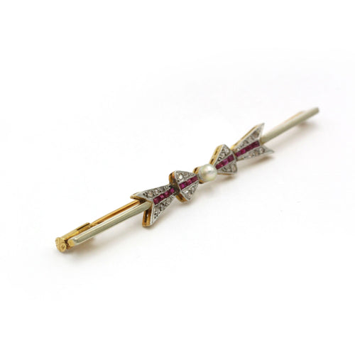 Broche Broche Art Déco Ruban - Or, Platine, Rubis, Perle et Diamants 58 Facettes 250379R