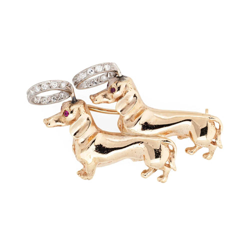 Broche Pendentif Double Chien Ange Halo Vintage Or et Diamant 58 Facettes G13355