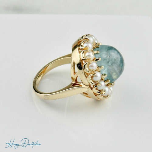 Bague 53.5 Bague vintage extravagante en or 585, ornée d'aigue-marine et de perles 58 Facettes 1996