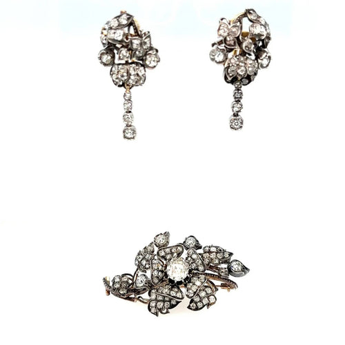 Broche Parure Fleur En Diamants, Argent Et Or 19ème Siècle 58 Facettes