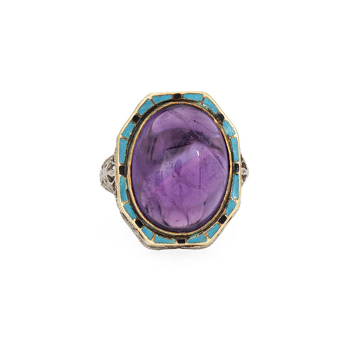 Bague 51 Bague Art Déco vintage en or blanc, améthyste, turquoise et émail 58 Facettes G14148