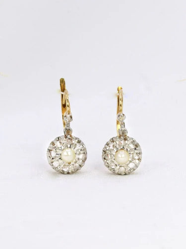 Boucles d'oreilles dormeuses anciennes perles diamants taille rose 58 Facettes J538