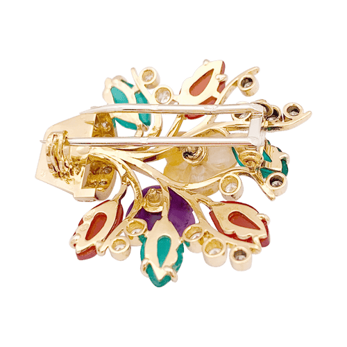 Broche Clip "Fleurs" or jaune, diamants, rubis, pierres de couleur. 58 Facettes 34133