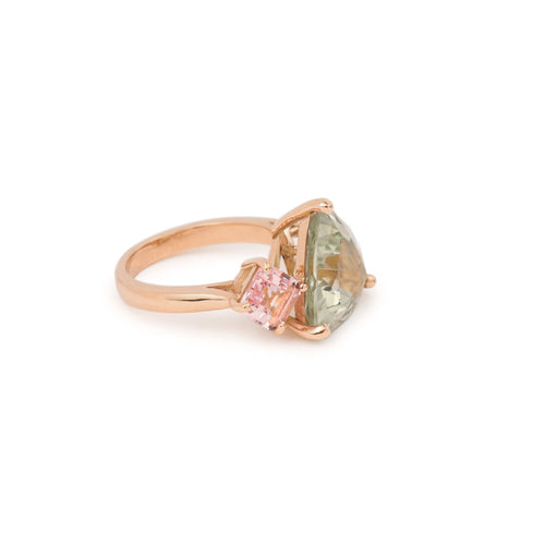 Bague 51 Bague Trilogie Or Rose, Béryl Vert Trillion 5 Carats, Morganites 58 Facettes B380