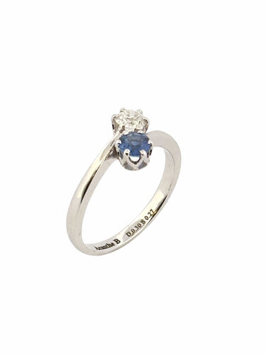 Bague 53 Bague Toi et Moi en or blanc 18 carats diamant et saphir 58 Facettes