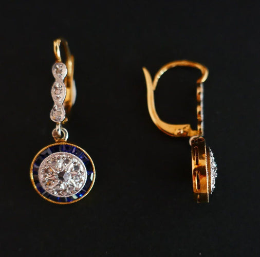 Boucles d'oreilles Art Déco Diamants et Saphirs Calibrés
