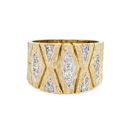 Bague Bague vintage en or jaune 14 carats avec diamants et cigares, style années 70, taille 7, large, texturée, bijoux 58 Facettes G12637