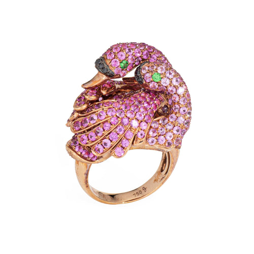 Bague double flamant rose, motif oiseaux amoureux, taille 5, saphir rose, or rose 18 carats, vintage