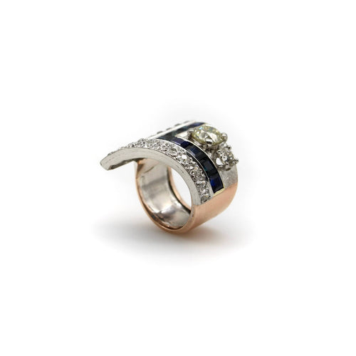 Bague 52 Art Deco Platinum Topped Diamond and Sapphire Ring with 14K Gold Shank 58 Facettes