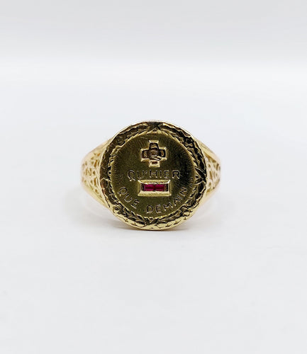 Bague 52 AUGIS - Bague médaille amour or jaune couronne de lauriers ornée de rubis et de diamant (circa 1958) 58 Facettes A04959
