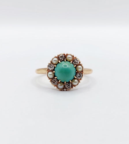 Bague 52.5 Bague marguerite or jaune, cabochon de turquoise, diamants et perles (circa 1900) 58 Facettes A05219