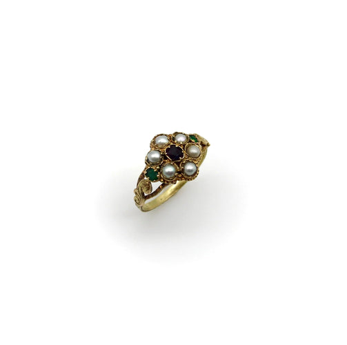 Bague Bague en or 15 carats avec grenats, émeraudes et perles 58 Facettes