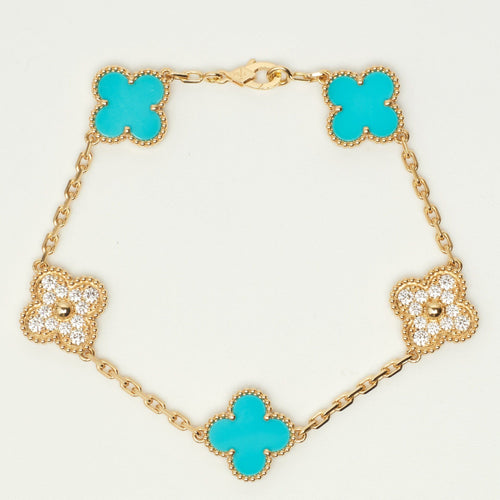 Bracelet Van Cleef & Arpels - EXTRA RARE Bracelet Vintage Alhambra 5 motifs turquoise et diamants 58 Facettes