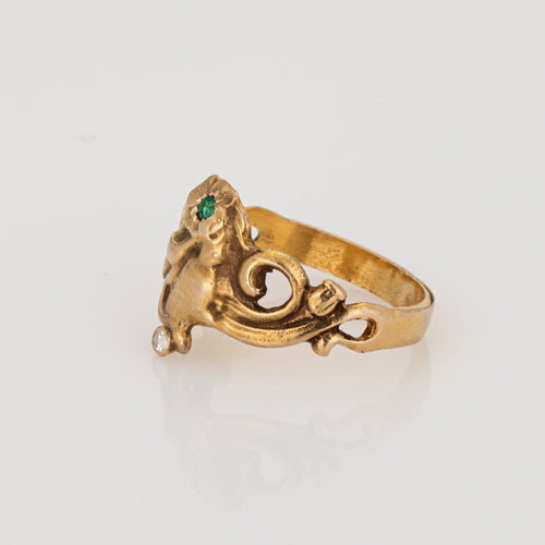 Bague Bague vintage de style Art nouveau 7,5" pour femme, anneau figuratif en or 14 carats, diamant et émeraude 58 Facettes G13718