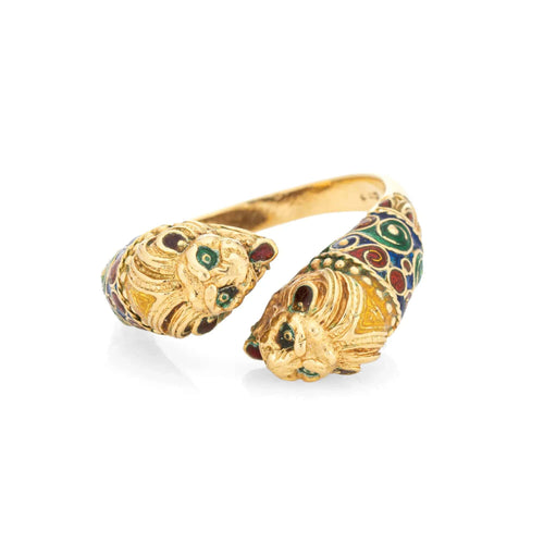Bague Bague double lion, taille 10, or jaune 18 carats, yeux en émail, anneau contourné, bijoux animaux 58 Facettes G12694