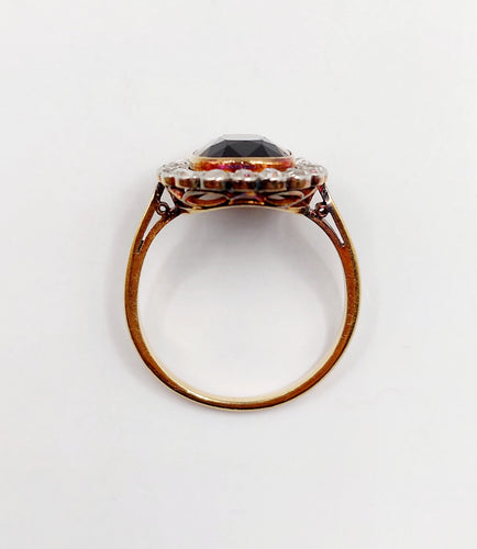 Bague pompadour art deco or 18k pierre bleue et diamant taille rose (circa 1900)
