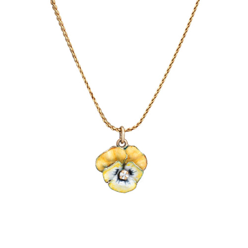 Collier Collier vintage Pensée Jaune en or jaune, émail, diamant 58 Facettes G14084
