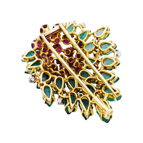 Boucles d'oreilles Clip Floral, or jaune, diamants, émeraudes, rubis. 58 Facettes 35266