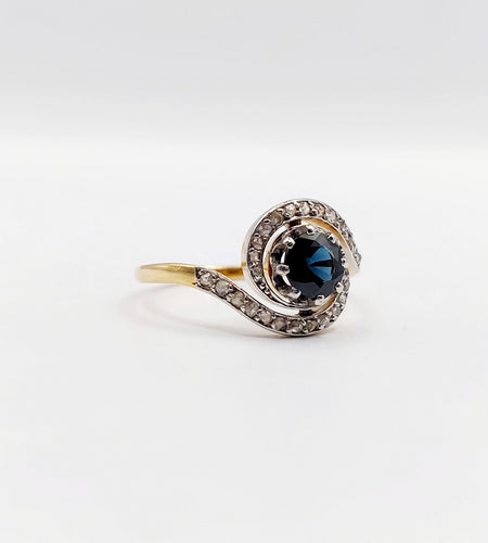 Bague 59 Bague tourbillon or jaune, saphir et diamants taille rose (circa 1900) 58 Facettes A05937