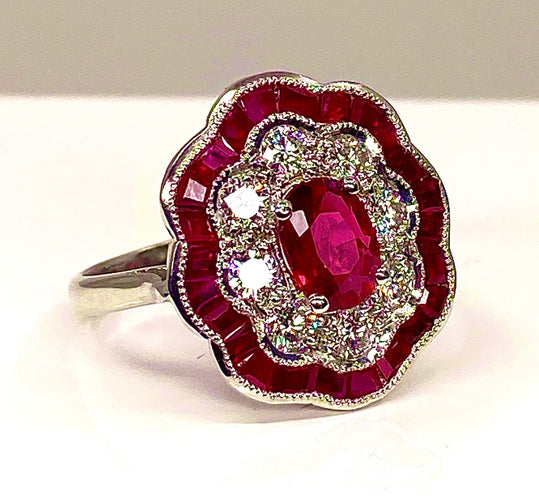 Bague 51 Bague marguerite en or blanc 18 carats en rubis et diamants 58 Facettes AB215