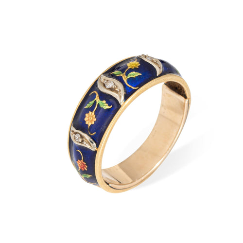 Bague Bague vintage en or jaune 18 carats avec fleur en émail, taille 6,25, bande de diamants, bijoux fins 58 Facettes G13900
