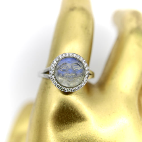 Bague 52 Bague pierre de Lune en or, pierre de lune sculptée, années 1950, avec diamants 58 Facettes A2001I