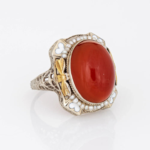 Bague 52.5 vintage Art Déco Cornaline Bague Filigrane Coeur Émail Graine Perle 58 Facettes G12334