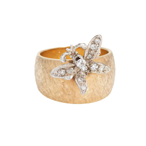 Bague Bague papillon vintage en or jaune 14 carats avec diamant et pierre précieuse de 6,5 mm 58 Facettes G13169