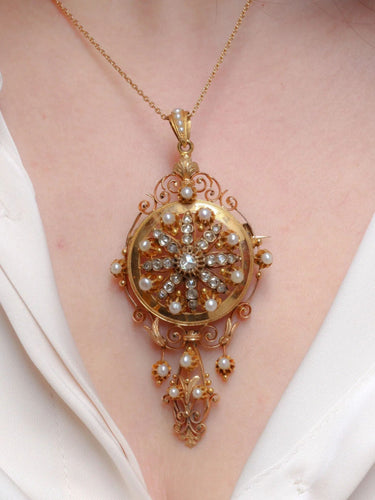 Pendentif Pendentif Broche Napoléon III or diamants perles fines 58 Facettes J337