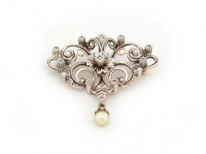 Broche vintage broche pampille perle 1850 en argent & or 18k diamants 58 Facettes 260511