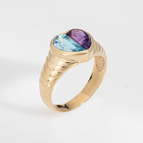 Bague Bague cœur en or jaune 14 carats, topaze bleue et améthyste, taille 6,5, bijou vintage 58 Facettes G13919